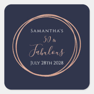 50. Geburtstagsparty Navy Rose Gold Quadratischer Aufkleber