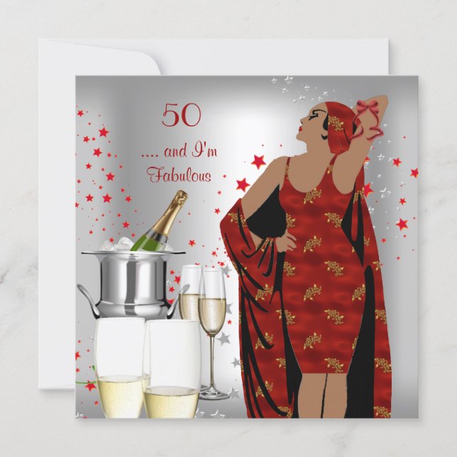50. Geburtstagsparty Retro Diva Art Deco Rotes Sil Einladung (Vorderseite)