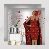 50. Geburtstagsparty Retro Diva Art Deco Rotes Sil Einladung (Vorne/Hinten)