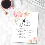 50. Geburtstagsparty Rosa Blumenladen<br><div class="desc">Elegante,  schicke und preisgünstige 50. Geburtstagsfeier mit "50 & Fabulous" in stilvoller Schrift und zarten rosa und korallenblühenden Aquarellbouquets mit goldenen Akzenten. Sie können mit ihrem Namen und den Party-Details personalisieren.</div>