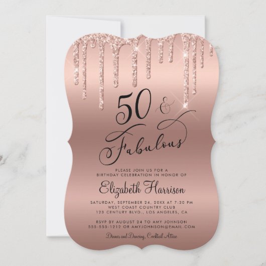 50. Geburtstagsparty Rose Gold Glitzer Einladung (Vorderseite)