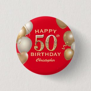 50. Geburtstagsparty Rot und Gold Ballons Button