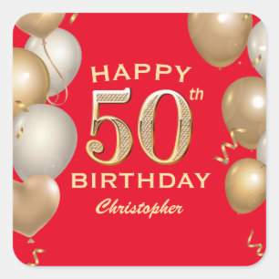 50. Geburtstagsparty Rot und Gold Ballons Quadratischer Aufkleber
