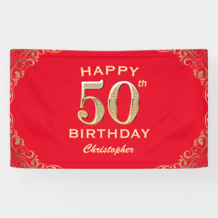50. Geburtstagsparty Rot und Gold Glitzer Frame Banner