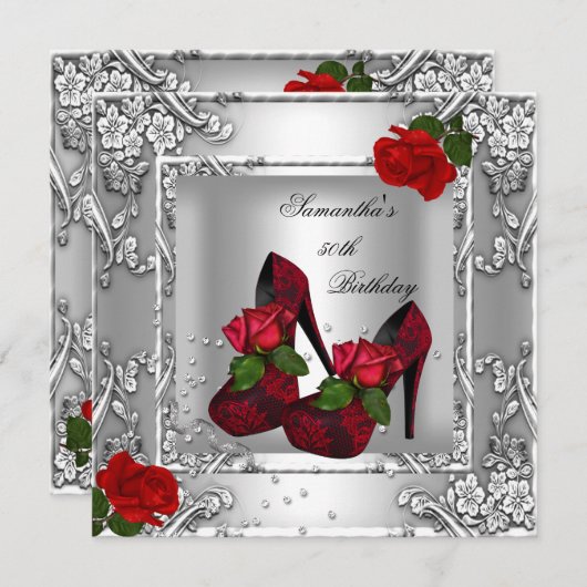 50. Geburtstagsparty Rote Rose Silver Einladung (Vorne/Hinten)