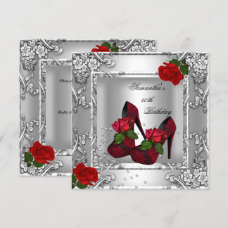 50. Geburtstagsparty Rote Rose Silver Einladung