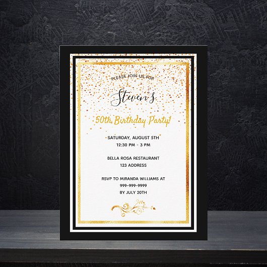 50. Geburtstagsparty Schwarz-weiße Goldeinladung Postkarte