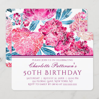 50. Geburtstagsparty Stilvolles rosa Blumenmuster Einladung