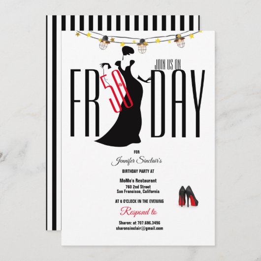 50. Geburtstagsparty Streifen Stiletto's Einzigart Einladung (Vorne/Hinten)
