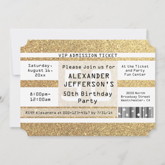 50. Geburtstagsparty Ticket Goldsparkle Einladung (Vorderseite)