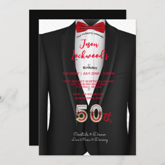 50. Geburtstagsparty, Tuxedo Anzug, Black & Red Kr Einladung