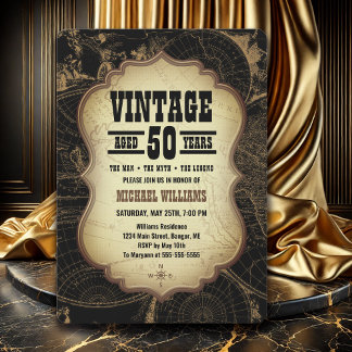 50. Geburtstagsparty Vintages Thema Weltkarte Einladung