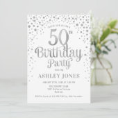 50. Geburtstagsparty - White & Silver Einladung (Stehend Vorderseite)