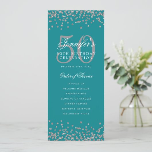 50. Geburtstagsprogramm Silver Turquoise Confetti Einladung (Stehend Vorderseite)