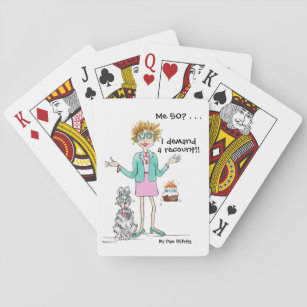 50. Geburtstagsspass zeichnend Frau und Hund in Ve Spielkarten
