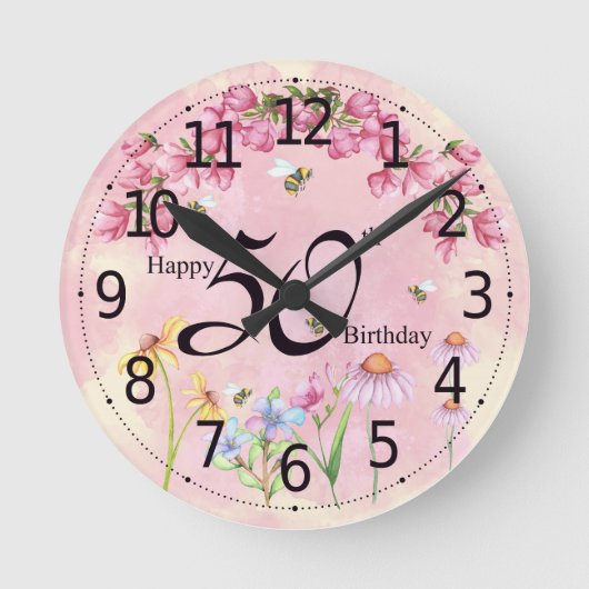 50. Geburtstagszeit mit Blume und Bienen Runde Wanduhr (Vorderseite)