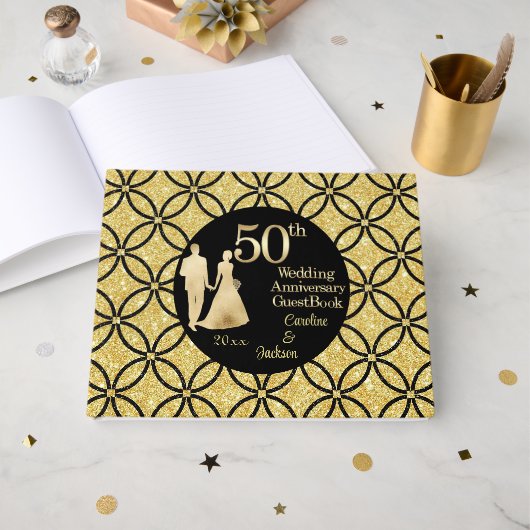 50. Gold Couple Wedding Anniversary Glitzer Gästebuch (Vorderseite Offen)