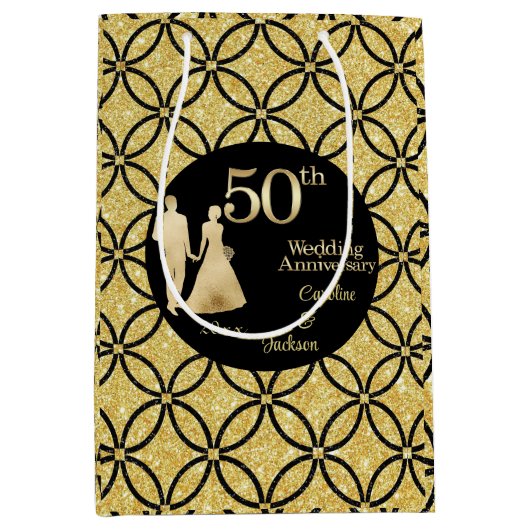 50. Gold Couple Wedding Anniversary Glitzer Mittlere Geschenktüte (Vorderseite)