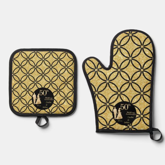 50. Gold Couple Wedding Anniversary Glitzer Ofenhandschuh & Topflappen-Set (Vorderseite)