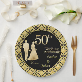 50. Gold Couple Wedding Anniversary Glitzer Pappteller