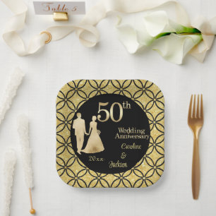 50. Gold Couple Wedding Anniversary Glitzer Pappteller