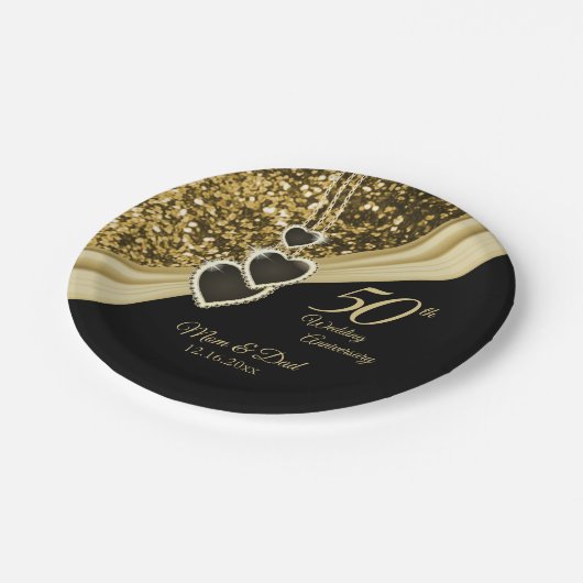 50. Gold Glitzer Jubiläum Pappteller (Schrägansicht)