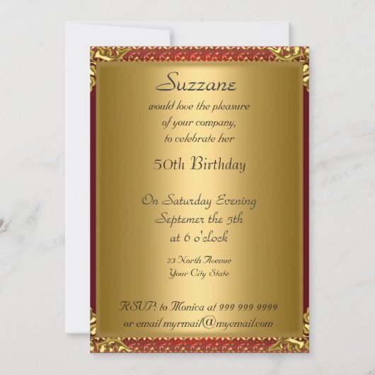 50. Gold Red Birthday Party Einladung (Rückseite)