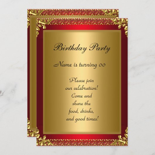 50. Gold Red Birthday Party Einladung (Vorne/Hinten)