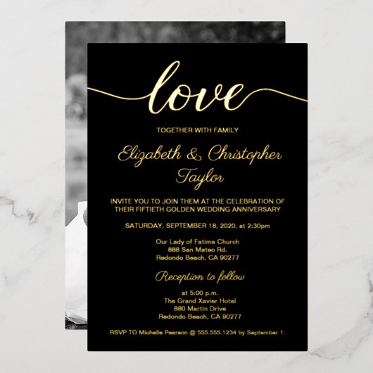50. Golden Wedding Anniversary Black Custom Foto Folieneinladung (Vorderseite/Rückseite)