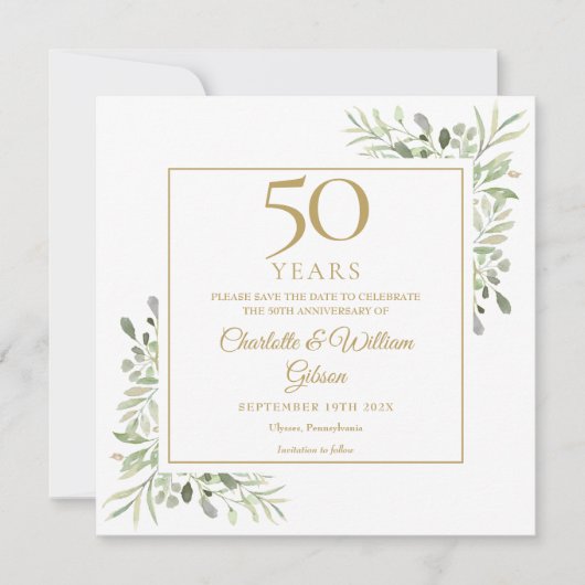 50. Golden Wedding Jubiläum Greenery Square Save The Date (Vorderseite)
