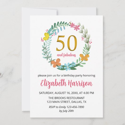 50. Goldene Geburtstagsparty Blumenschmetterling Einladung (Vorderseite)