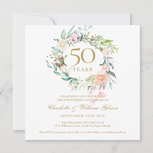 50. Goldene Hochzeit Jubiläum Wasserfarben Einladung (Vorderseite)