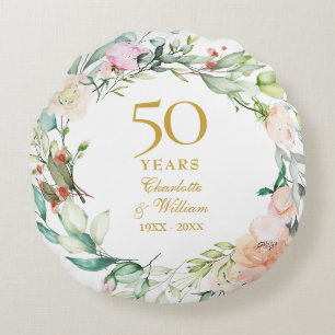 50. goldene Hochzeitstag Foto Rosen Floral Rundes Kissen