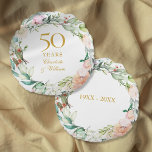 50. Goldene Hochzeitstag Rose Garland Rundes Kissen<br><div class="desc">Dieses elegante 50-jährige Hochzeitskirchenkissen mit einer zarten Aquarellblütengarage kann mit Ihren Jubiläumsinformationen in edlem Goldtext personalisiert werden. Entwickelt von Thisisnotme©</div>