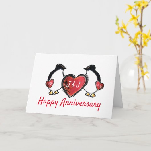 50. goldener Hochzeitspinguin Karte (Gelbe Blume)