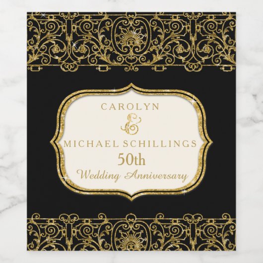 50. Goldenes Jahr Schwarz und Gold Weinetikett (Einzelnes Label)