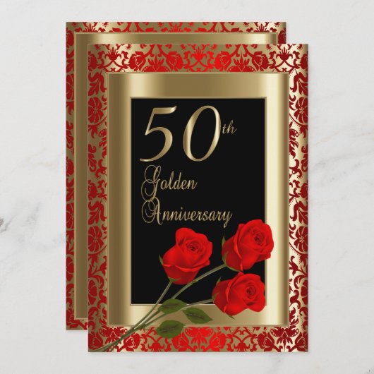 50. Goldenes Jubiläum mit Rote Rosen Einladung (Vorne/Hinten)