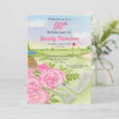 50. Golf Birthday Party Peonies on Golf Course Einladung (Stehend Vorderseite)