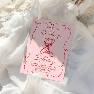 50. Hand Drawn Red Bow Martini Fünfzig Geburtstag Einladung