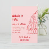 50. Handgezeichneter Champagnerturm Geburtstag Fün Einladung (Stehend Vorderseite)