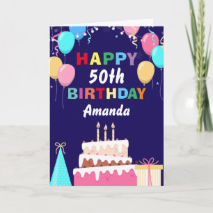 50. Happy Birthday Balloons Cake Navy Blue Karte