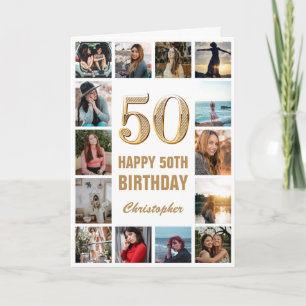 50. Happy Birthday Gold und White Foto Collage Karte