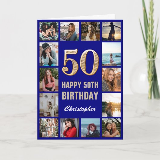 50. Happy Birthday Navy Blue & Gold Foto Collage Karte (Vorderseite)
