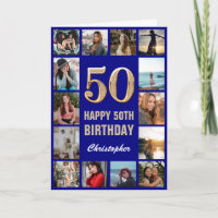 50. Happy Birthday Navy Blue & Gold Foto Collage