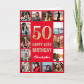50. Happy Birthday Rot und Gold Foto Collage Karte (Vorderseite)