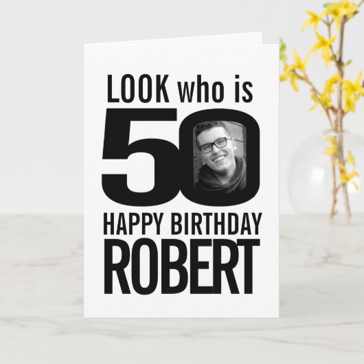 50. Happy Geburtstag 2 Fotos Mono Karte (Gelbe Blume)