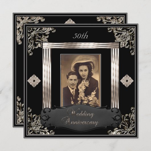 50. Hochzeit Jubiläum Art Deco Black Sepia Einladung (Vorne/Hinten)
