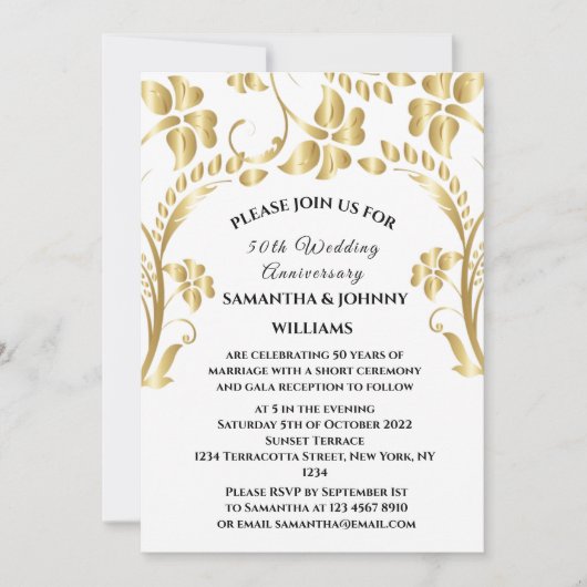 50. Hochzeit Jubiläum Gold Botanische Flora Einladung (Vorderseite)