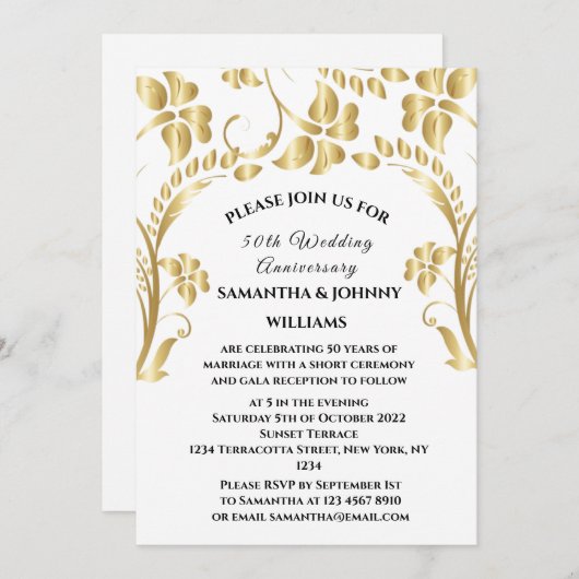 50. Hochzeit Jubiläum Gold Botanische Flora Einladung (Vorne/Hinten)