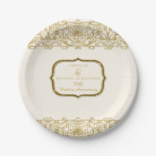 50. Hochzeit Jubiläum Gold Cream Art Nouveau Pappteller